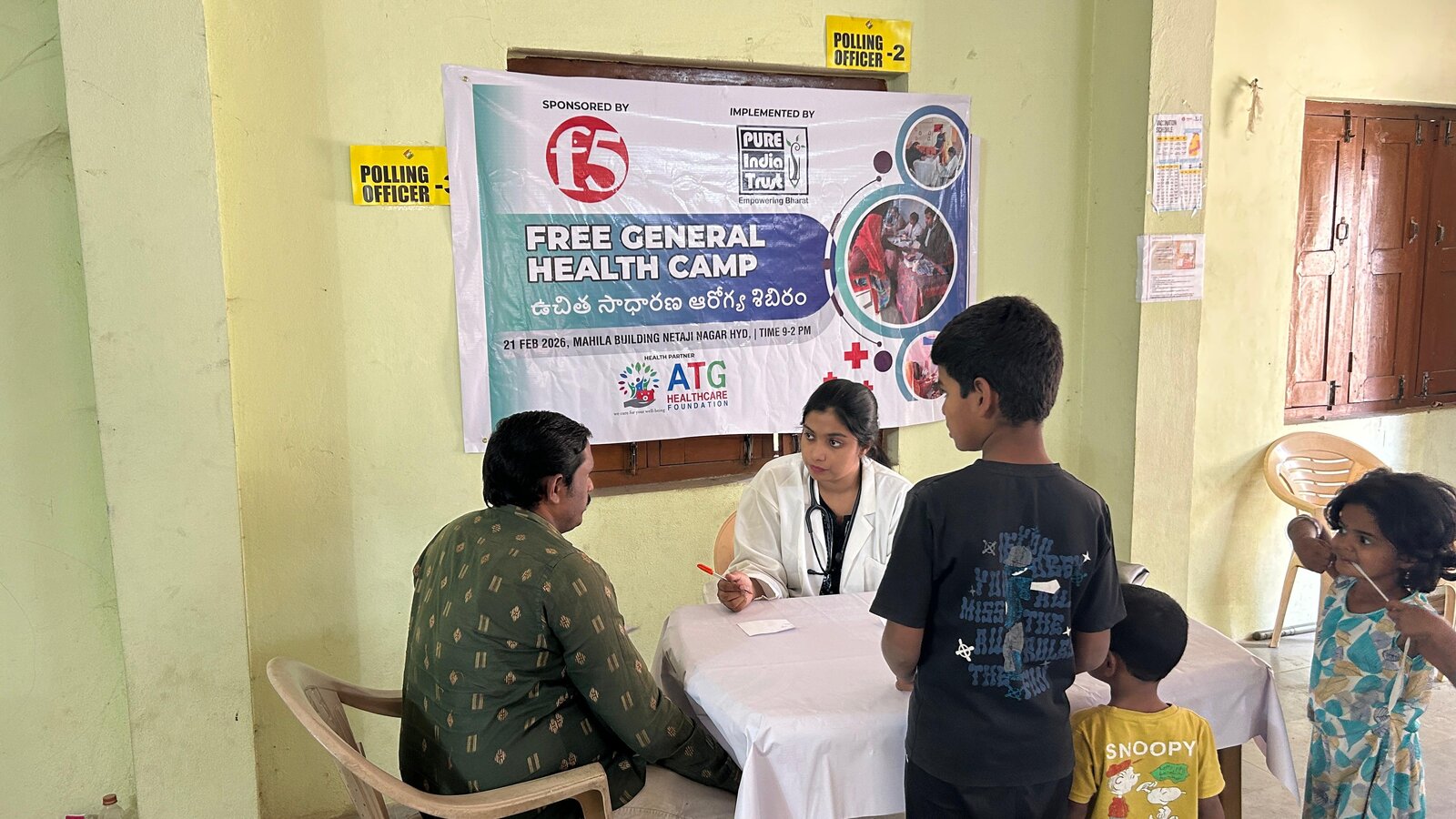 Children with a doctor at an ATG Foundation free health camp